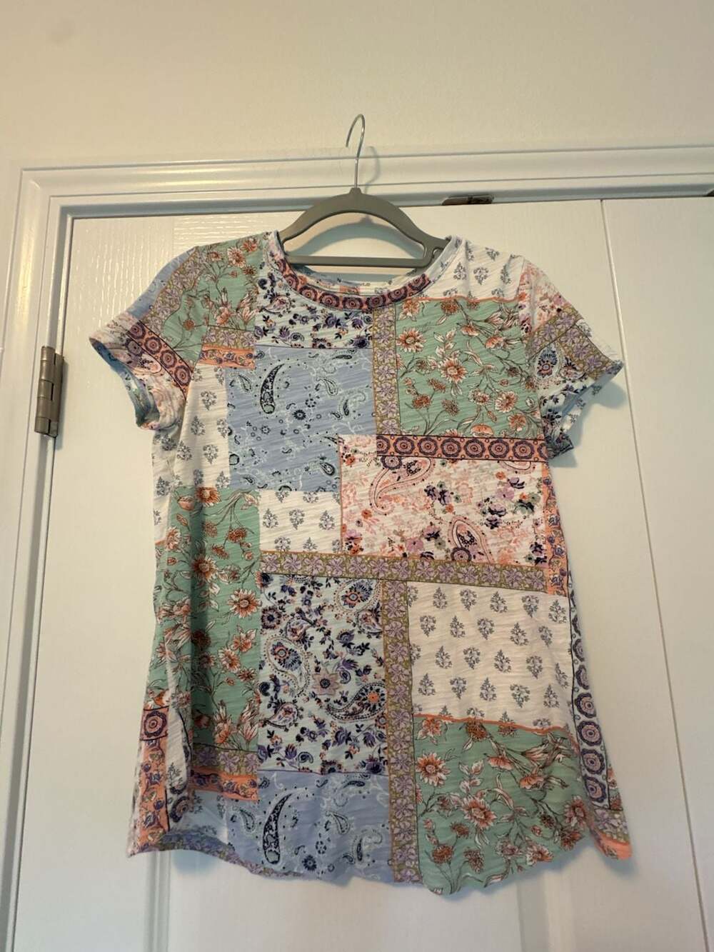 blue sol Women's Short Sleeve Patchwork Floral Paisley Print T-Shirt Top